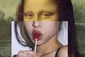 a painting of de la Joconde by davinci mix with a sexual mounth suck a candy