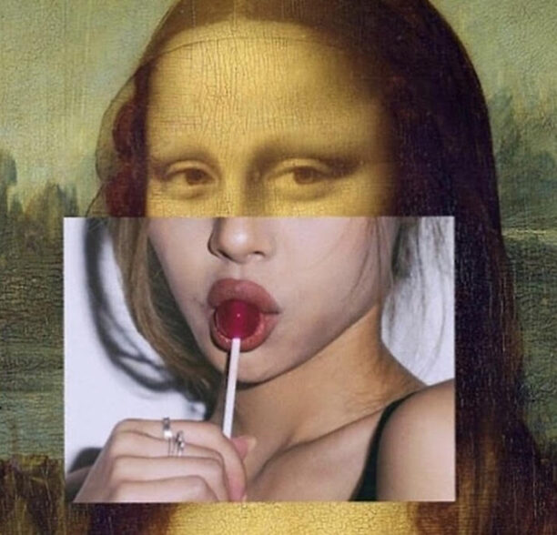 a painting of de la Joconde by davinci mix with a sexual mounth suck a candy